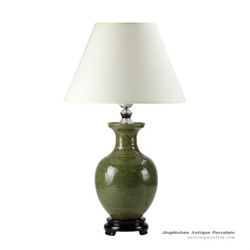 DS52-RZDF_Moss green glaze engraved floral branch pattern pottery beside table lamp