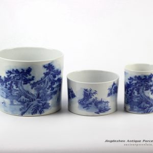 RYCI38_Chinese ancient house and pine tree pattern blue and white pot
