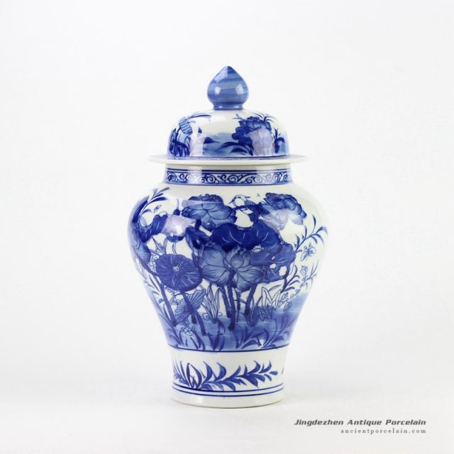 RYCI39_Blue and white hand paint bird and lotus leaf pattern ceramic temple jar