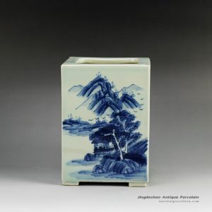 RYCZ09_Blue and white hand painted landscape square ceramic pen holder