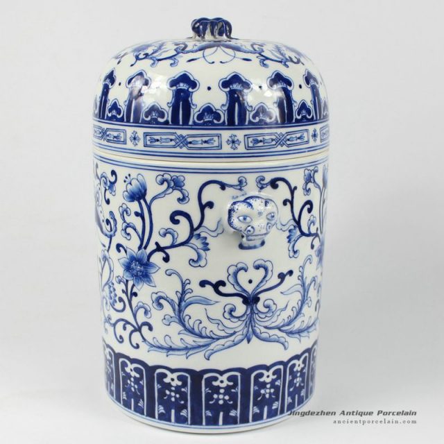 RYDE75_11.4″ hand painted blue white floral butterfly Tea Jar