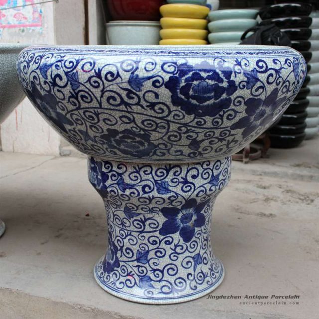 RYHD23_D28.7″ Crackle glazed blue and white ceramic planters