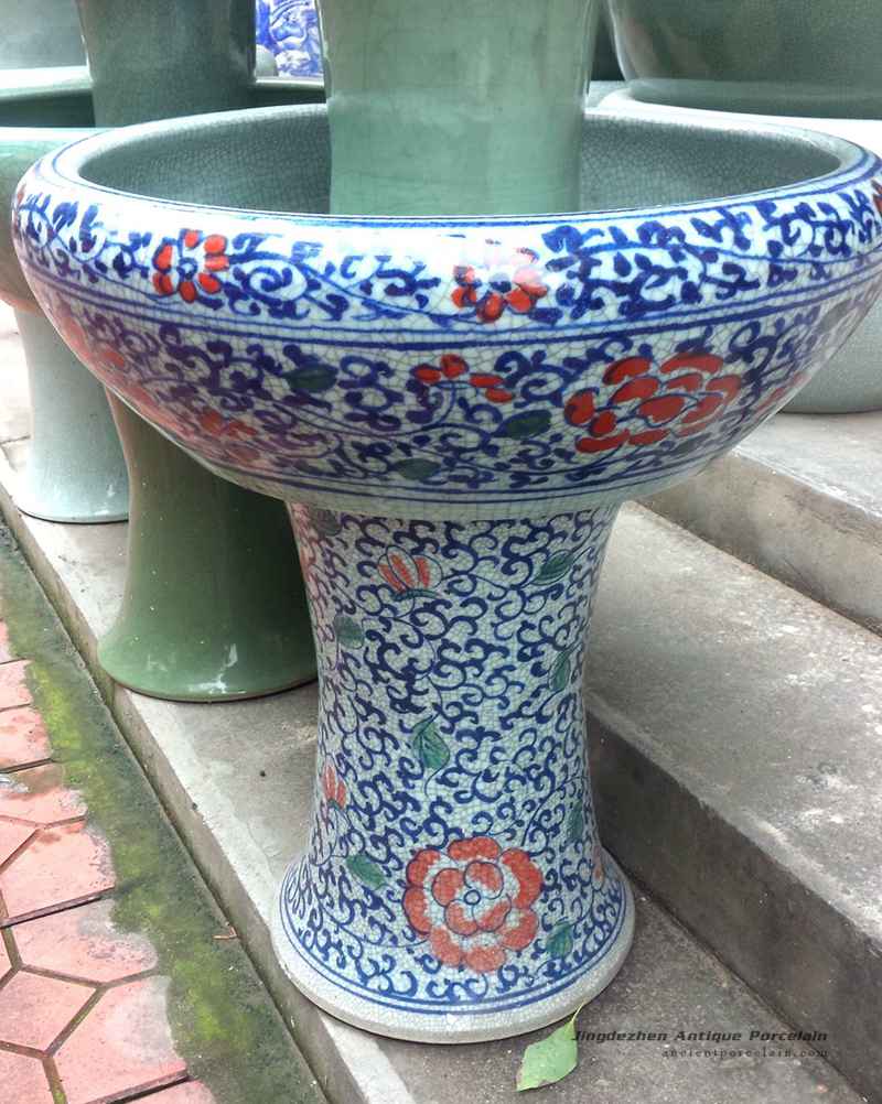 RYHD24-B_Colorful blue and white crackled style large ceramic planter and bowl with pedestal
