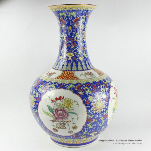 RYHH08_H23.5″ Blue Floral Ceramic Tall Vase