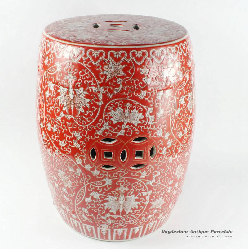 RYHH32_H17″ Red floral ceramic garden seat