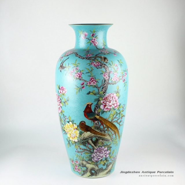 RYHV34_24.4″ Jingdezhen high quality hand painted blue needle painting floral bird vases