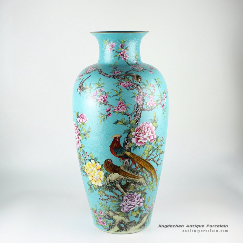 RYHV34_24.4″ Jingdezhen high quality hand painted blue needle painting floral bird vases