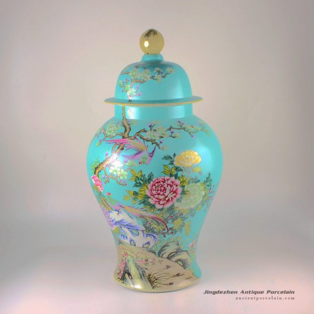 RYHV35_H22.5″ High quality Hand made needle painted Porcelain Ginger Jar, Flower bird design
