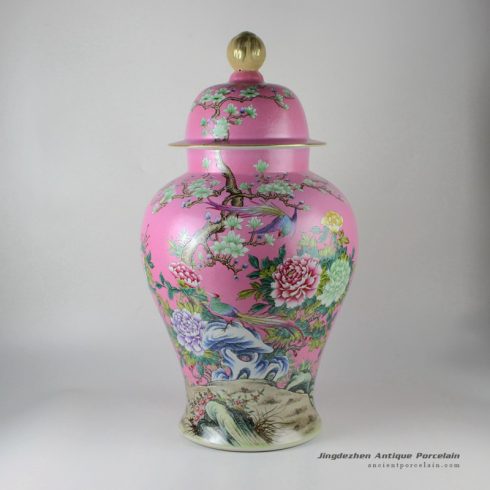 RYHV35_22.4″ Jingdezhen high quality hand painted pink needle painting floral bird ginger jar
