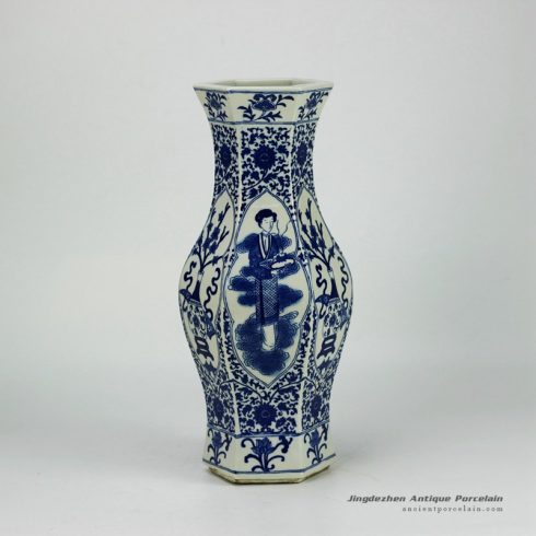 RYJF46-OLD_Antique maiden flower pattern blue and white ceramic vase for sale