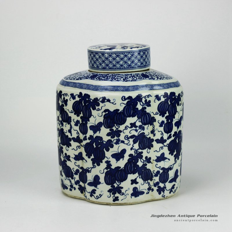 RYJF52-OLD_Reproduction home decoration blue and white ceramic jar with flat lid