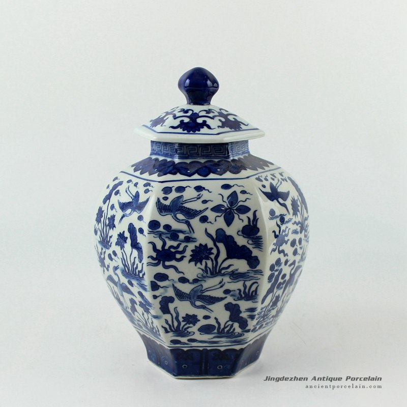 RYJF56_H9.5″ Blue and White 6 sided crane design Porcelain Jar