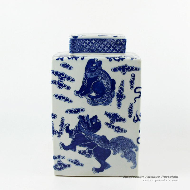 RYJF57_H10″ Square lion design Blue and White Ceramic Jar