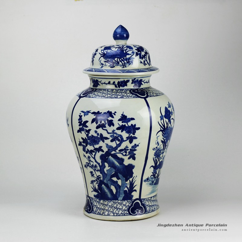 RYJF59-OLD_20.5inch Blue flower bird Porcelain Temple Jar