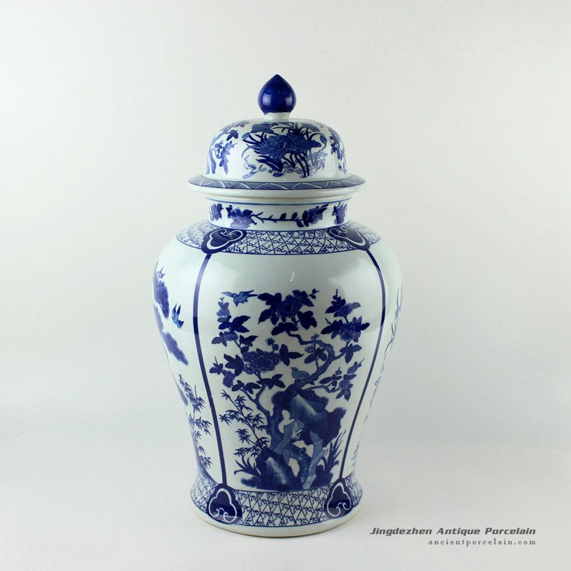 RYJF59_20.5inch Blue flower bird Porcelain Temple Jar