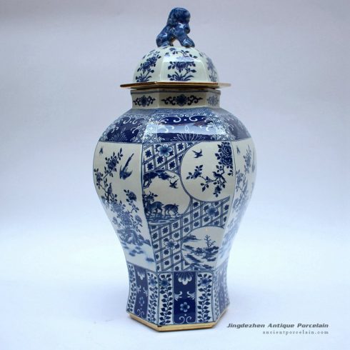 RYJF63-B_Blue and white ceramic oriental jar with lion knob