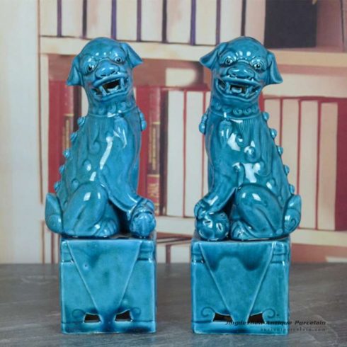 RYJZ15_ Cerulean blue color glaze hot online sale pair of foo dog figurine