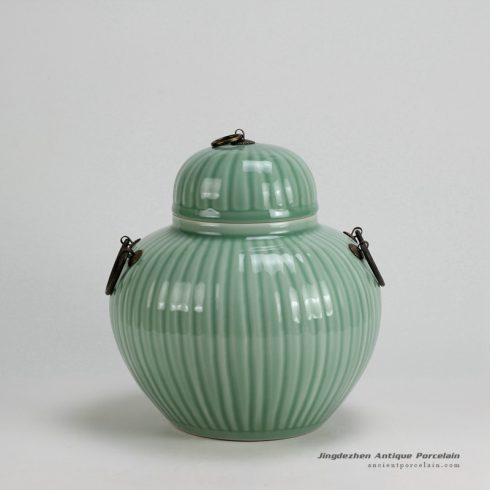 RYKB122-A_H10″ Ceramic Bamboo design Celadon Green Jars with Metal Ring Lid