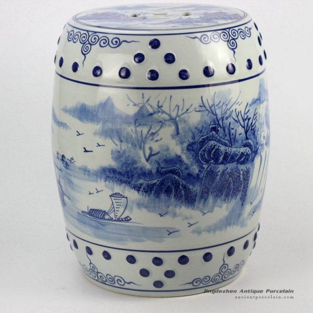 RYLL41_River side boat pattern blue and white chinese porcelain stool
