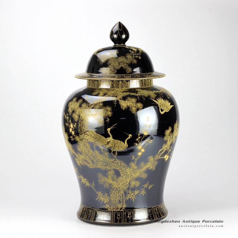 RYLW15_Mirror black glazed gold gilded crane hand paint porcelain large ginger jar