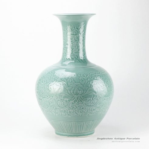 RYMA100_Under glaze carved lotus and inter lock branch pattern green ceramic flower vase