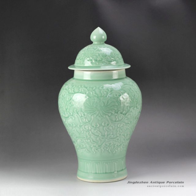 RYMA97_16inch Ceramic Carved Floral Celadon Ginger Jar