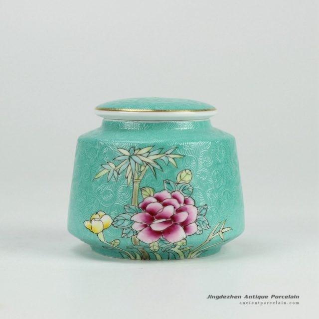 RYMY19-B_Splendid peony flower manual needle painting ceramic sundry jar with gold rim