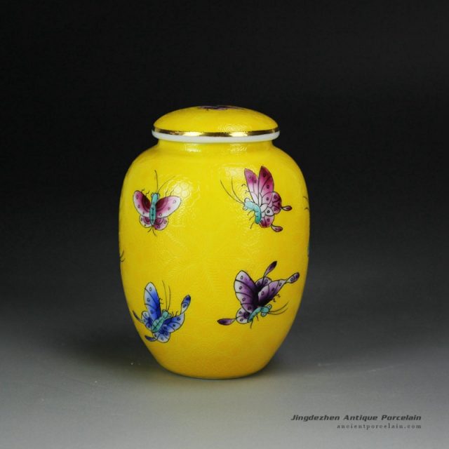 RYMY23_Needle painting famille rose colorful butterfly small ceramic tea caddy for internet sale