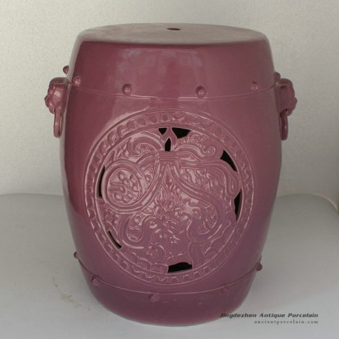 RYNQ147_H17″ Purple Carved lion ring Ceramic Garden Stool