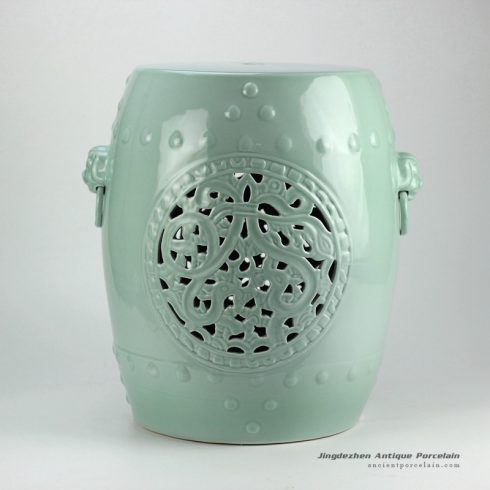 RYNQ177_h18inch Mint Green Hand Flower Carved Ceramic Garden Stool