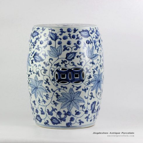 RYNQ192_Handicraft blue and white ceramic floral pattern drum stool