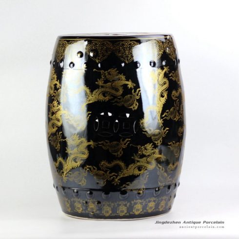 RYNQ194_Large stool in black mirror glaze golden fire dragon pattern porcelain drum stool