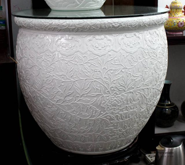 RYOM17_White clay handicraft floral design large ceramic pot for home decor
