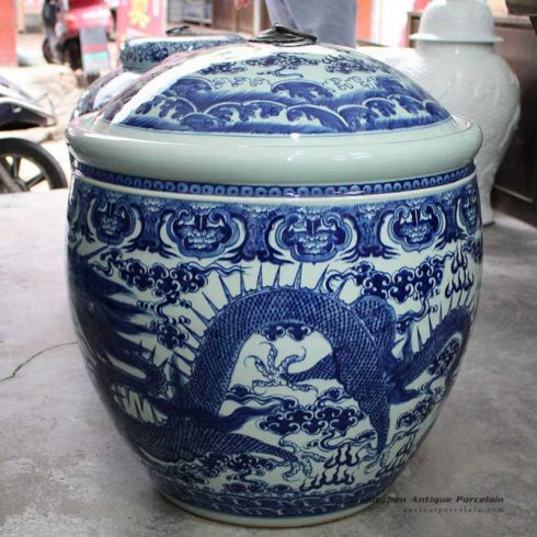 RYOM23-B_Big blue and white hand paint dragon pattern ceramic pot with lid