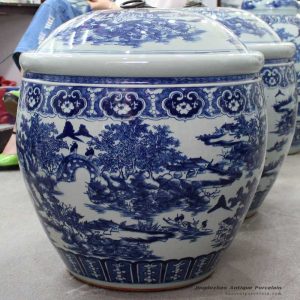 RYOM23_Factory wholesale cheap price hand paint huge blue and white remote mountains life pattern ceramic jar