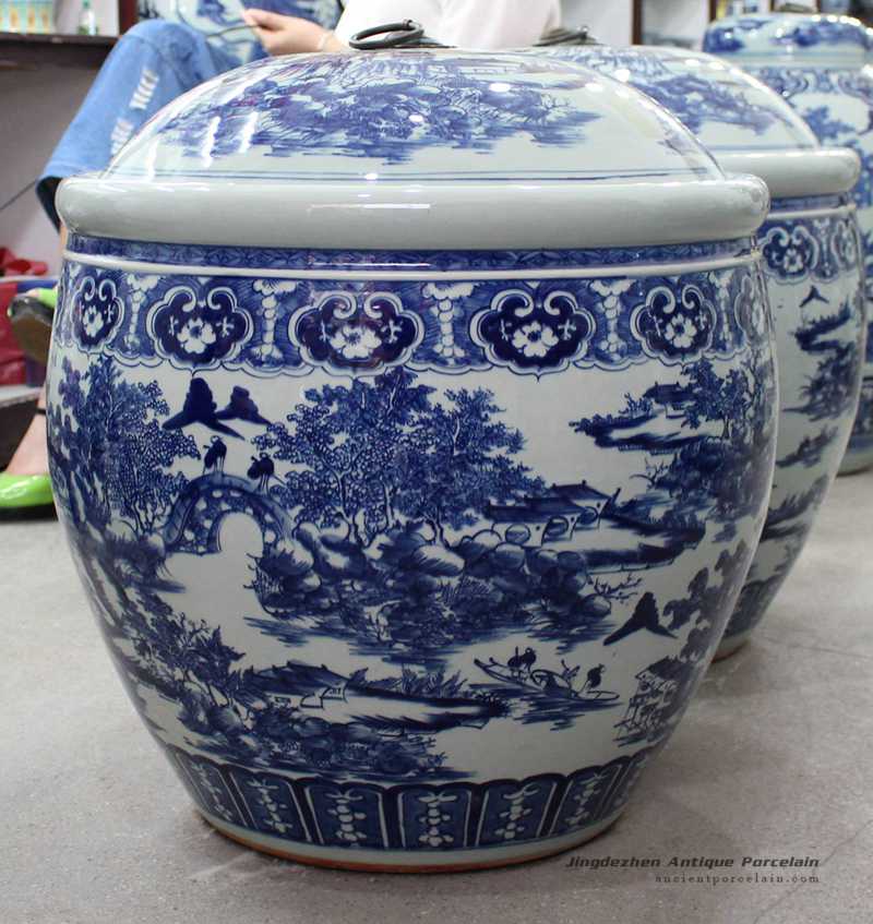 RYOM23_Factory wholesale cheap price hand paint huge blue and white remote mountains life pattern ceramic jar