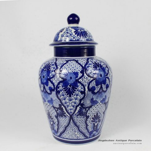 RYPU15-B_14″ Blue White Floral Design Ginger Jar