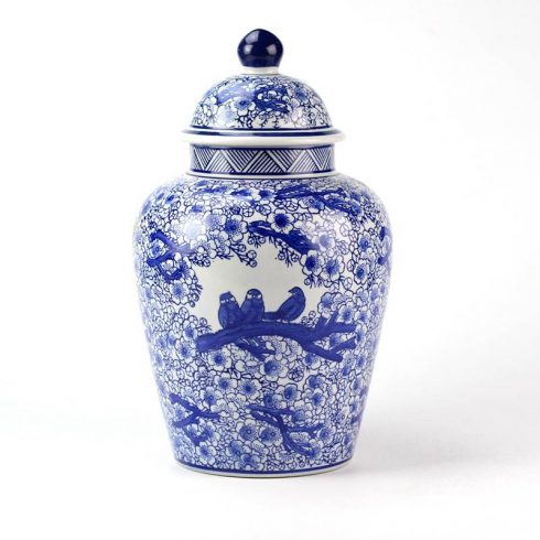 RYPU15-D_Warm and sweet floral crowed bird family mark cobalt and white ceramic ginger jar