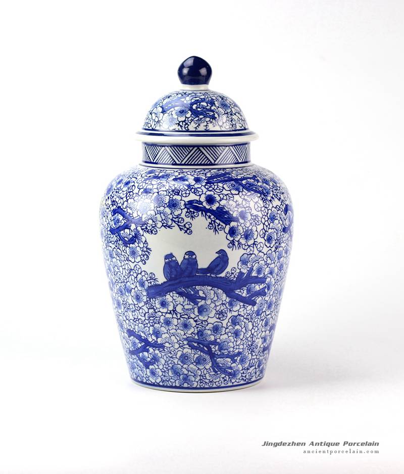 RYPU15-D_Warm and sweet floral crowed bird family mark cobalt and white ceramic ginger jar
