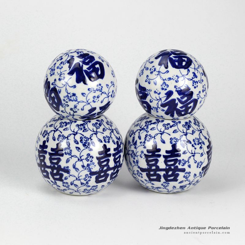 RYPU23-B_Double happiness and good fortune letter pattern blue and white ceramic ball