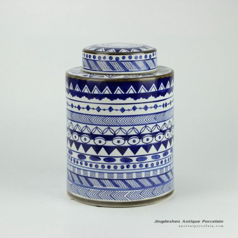 RYPU27-A_h11inch Blue and White Ceramic Round Tea Tin Jar
