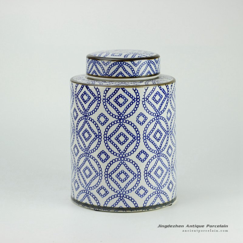 RYPU27-B_H11inch Blue and White Ceramic Round Tea Tin Jar