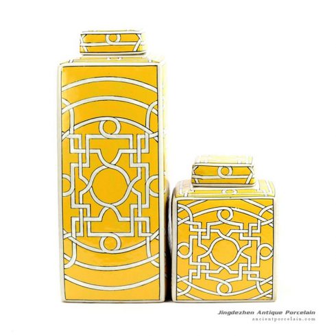 RYPU32_Mustard color glazed geometric line rectangular collection box jar