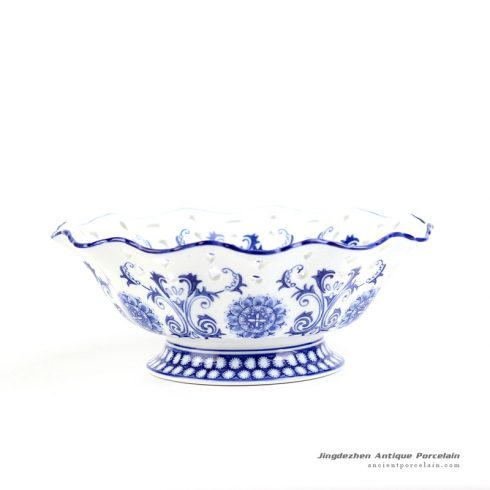 RYPU36_Popular and graceful blue and white floral wave rim porcelain fruit serving bowl