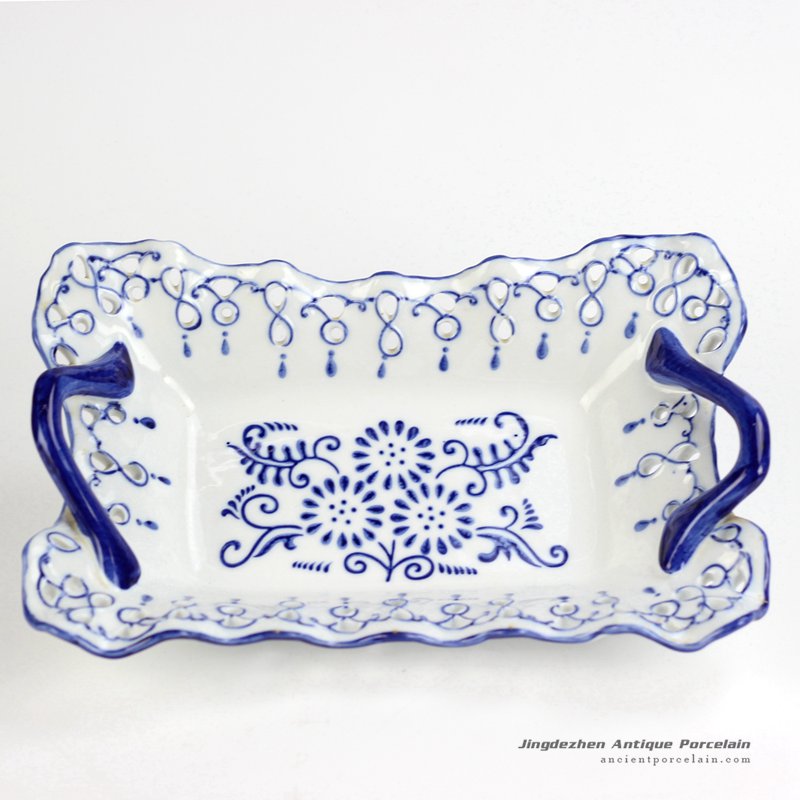 RYPU37_ Pierced hand paint blue and white floral pattern hot sale butter cheese flan lasagna pie dish