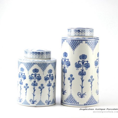 RYPU38_Blue and white lily of the valley pattern export sales ceramic tin jar