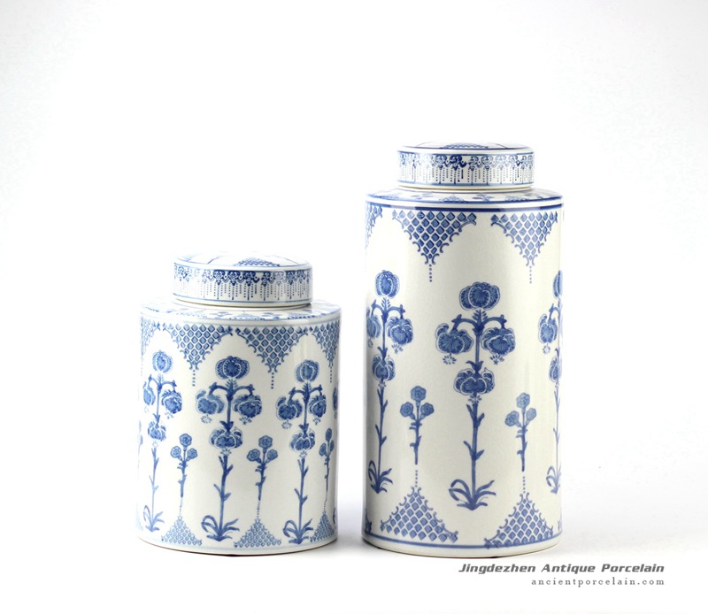 RYPU38_Blue and white lily of the valley pattern export sales ceramic tin jar