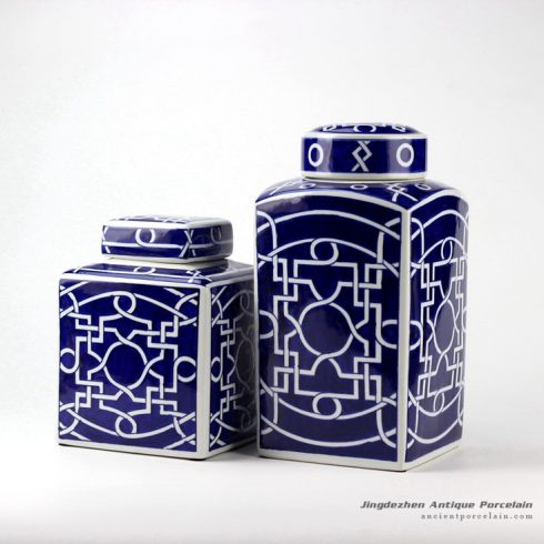 RYPU40_Geometric pattern unique design dark blue and white ceramic square jar in pair