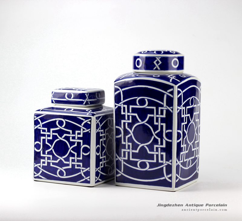 RYPU40_Geometric pattern unique design dark blue and white ceramic square jar in pair