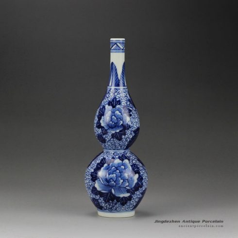 RYQA07-B_Narrow neck calabash shaped hand painted blue and white mini flower vase